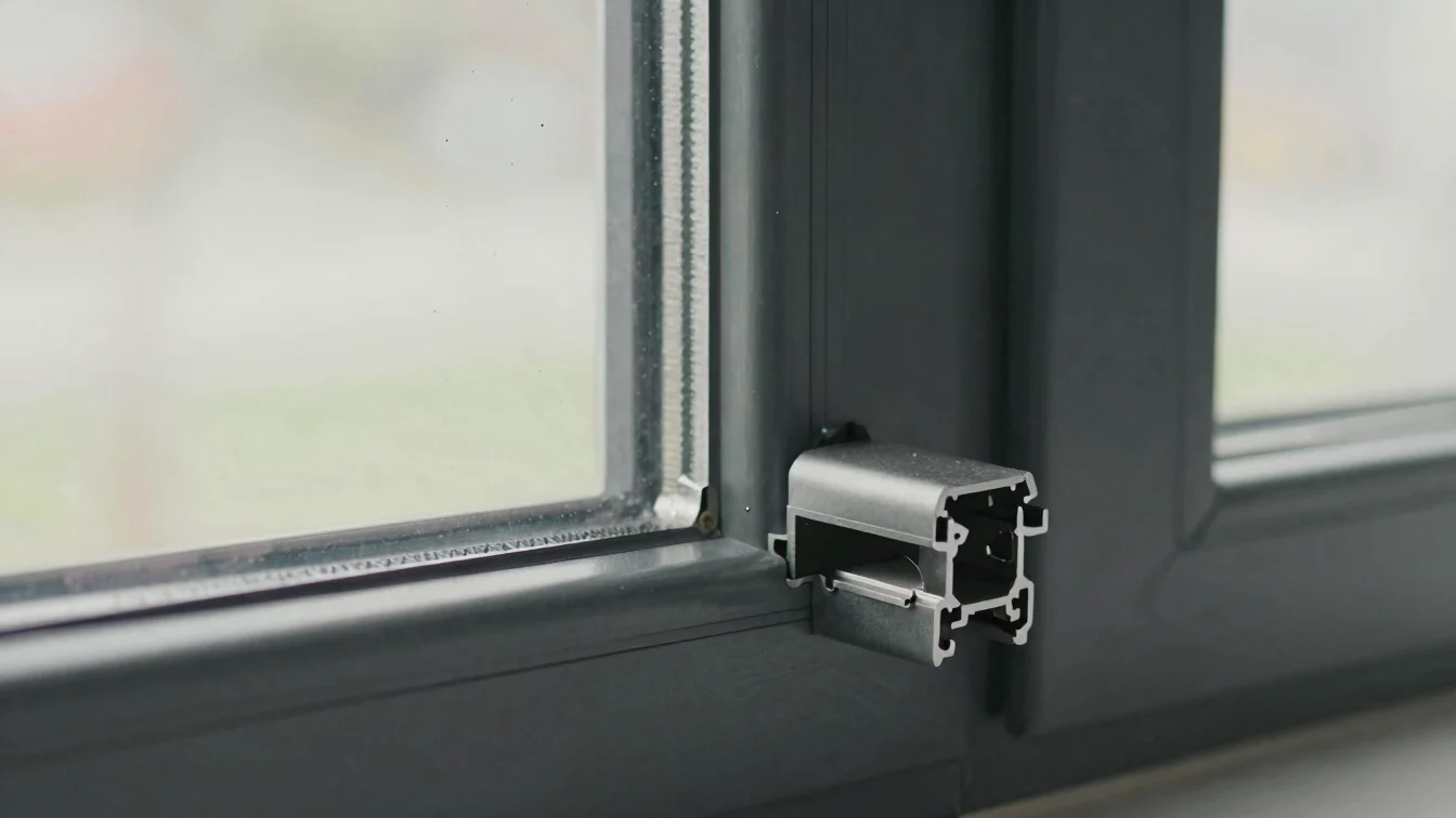 Close-up architectural detail of a dark graphite aluminium window profile joint, soft natural daylight, neutral backgrou
