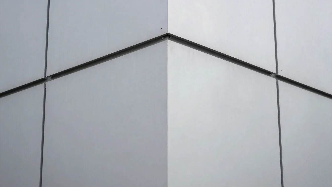 Close-up of an aluminium facade corner joint on a contemporary building, diffused daylight, neutral light grey tones, pr