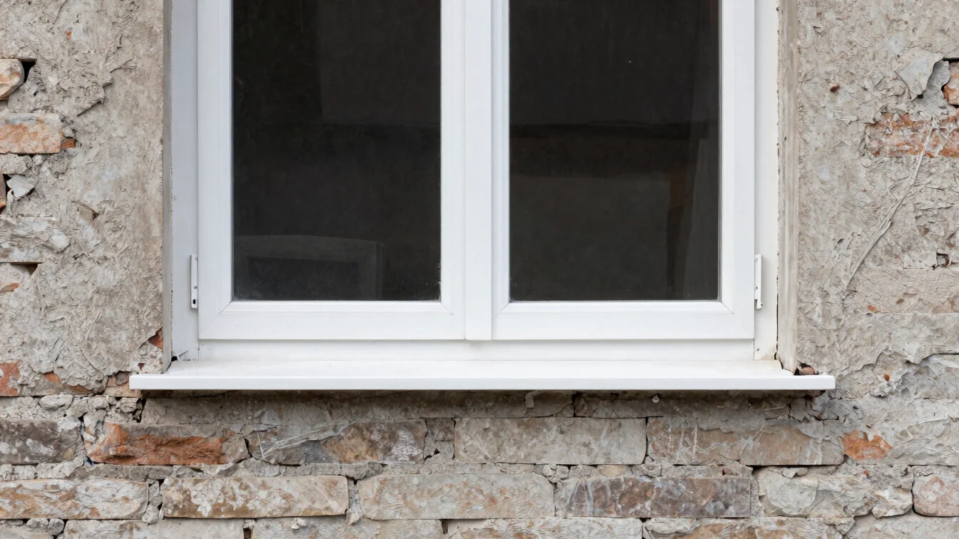 Detail of a white PVC window frame being fitted into a renovated masonry wall, natural daylight, restrained neutral tone