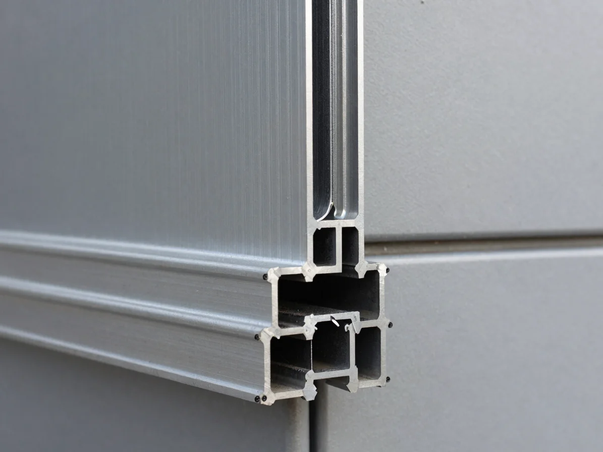 Macro photograph of an aluminum profile joint and sealant line on